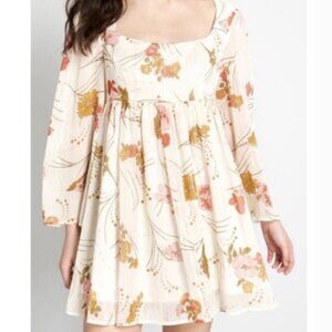 ModCloth Boho Empire Waist Flowy Floral White Baby Doll Dress with Sheer Sleeves